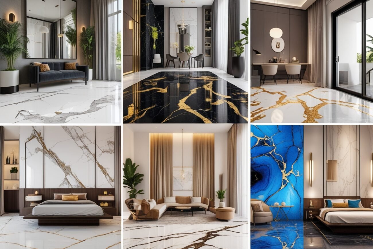 A grid of interiors finished in white, black, gold-veined and blue marble