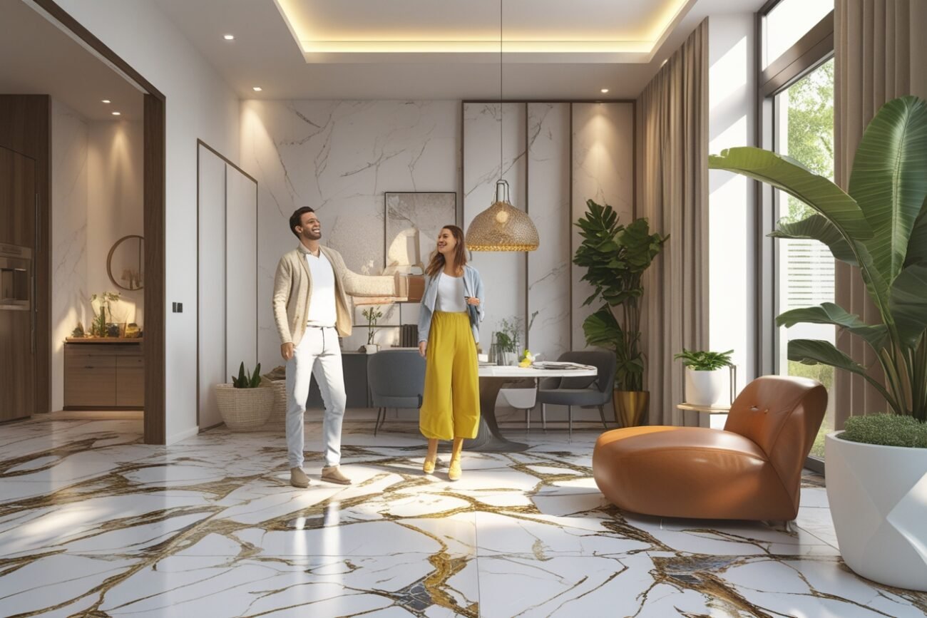 A couple standing in a home with a white and gold veined marble floor